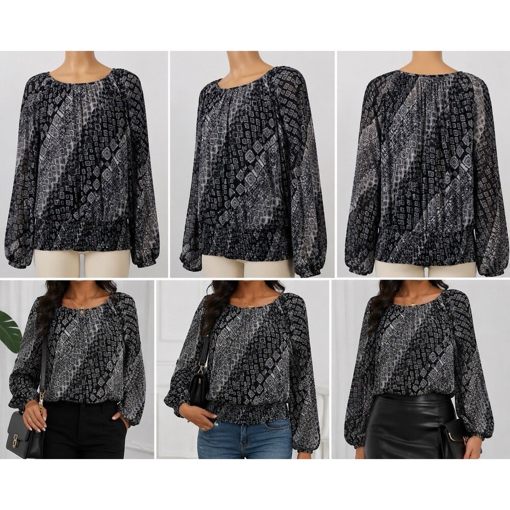 Harper 241 Womens Blouse Size M Black Gray Geometric Print  Smoked Hem Boho Y2K